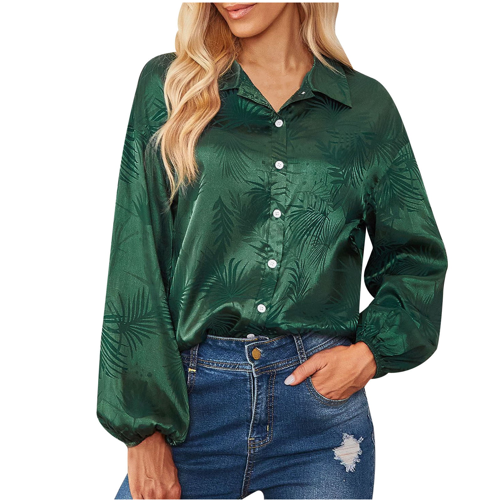 Casual Tops for Women'ss Fall Fashion Trendy Loose Tunic Button Down Collar  Satin Blouse Plus Size Tops Solid Color Shirts Long Sleeve Elegant Office