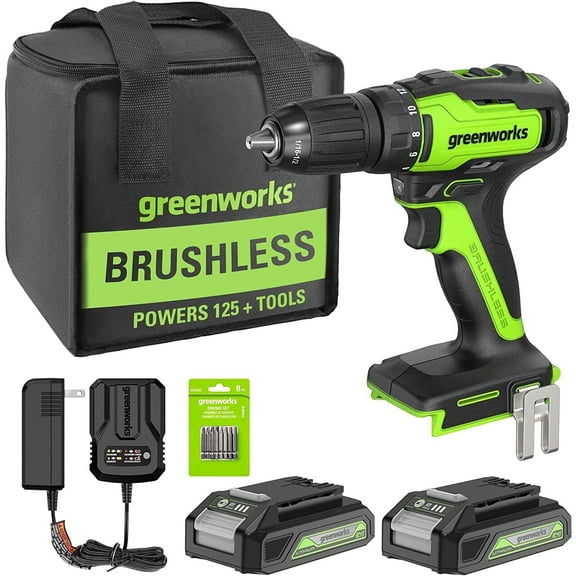 Greenworks 24V 310 in./lbs Brushless Drill Kit with 2Ah Batteries and Charger, 8-Piece Bit Set and Tool Bag Included
