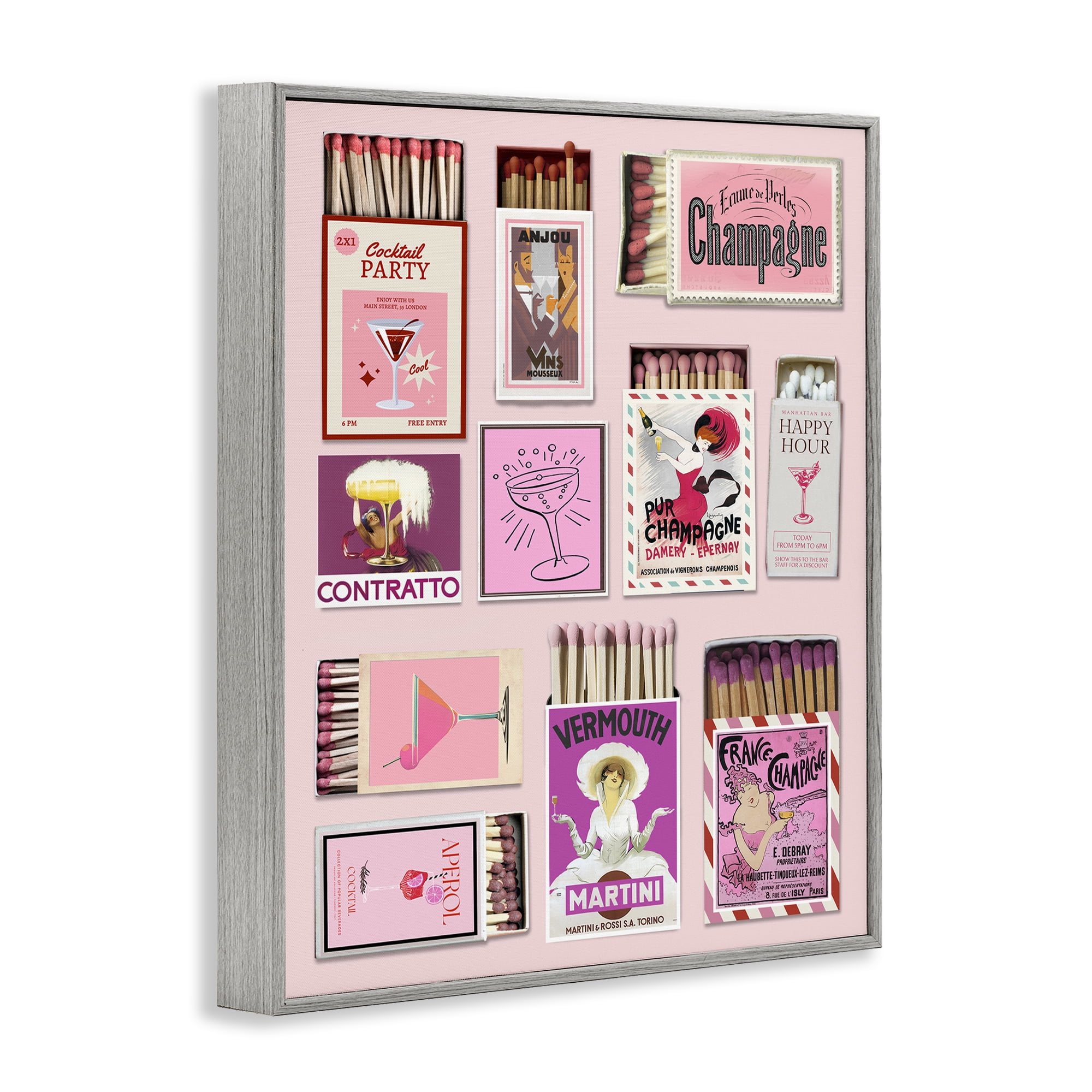 Stupell Industries Champagne & Cocktail Matchboxes Gray Framed Giclee Art, design by CAD Designs