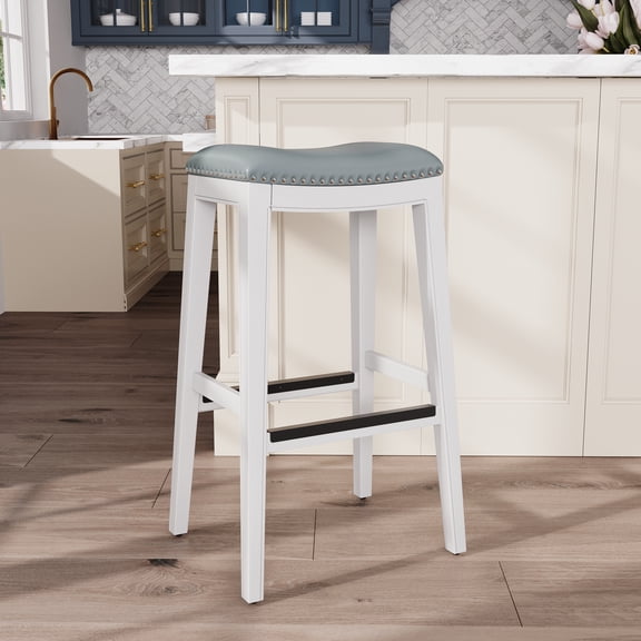 Nmkwnr 30" Gray Leather Bar Stool with Wood Frame, Perfect for Home, Dining Room, Bar, White