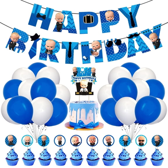 Baby Boss Party Supplies, Boss Baby Birthday for Boys with Happy Birthday Paper Banner Cake Topper Cupcake Toppers Balloons Birthday Decoration Kit Happy Birthday Decoration item (Pack of 37)