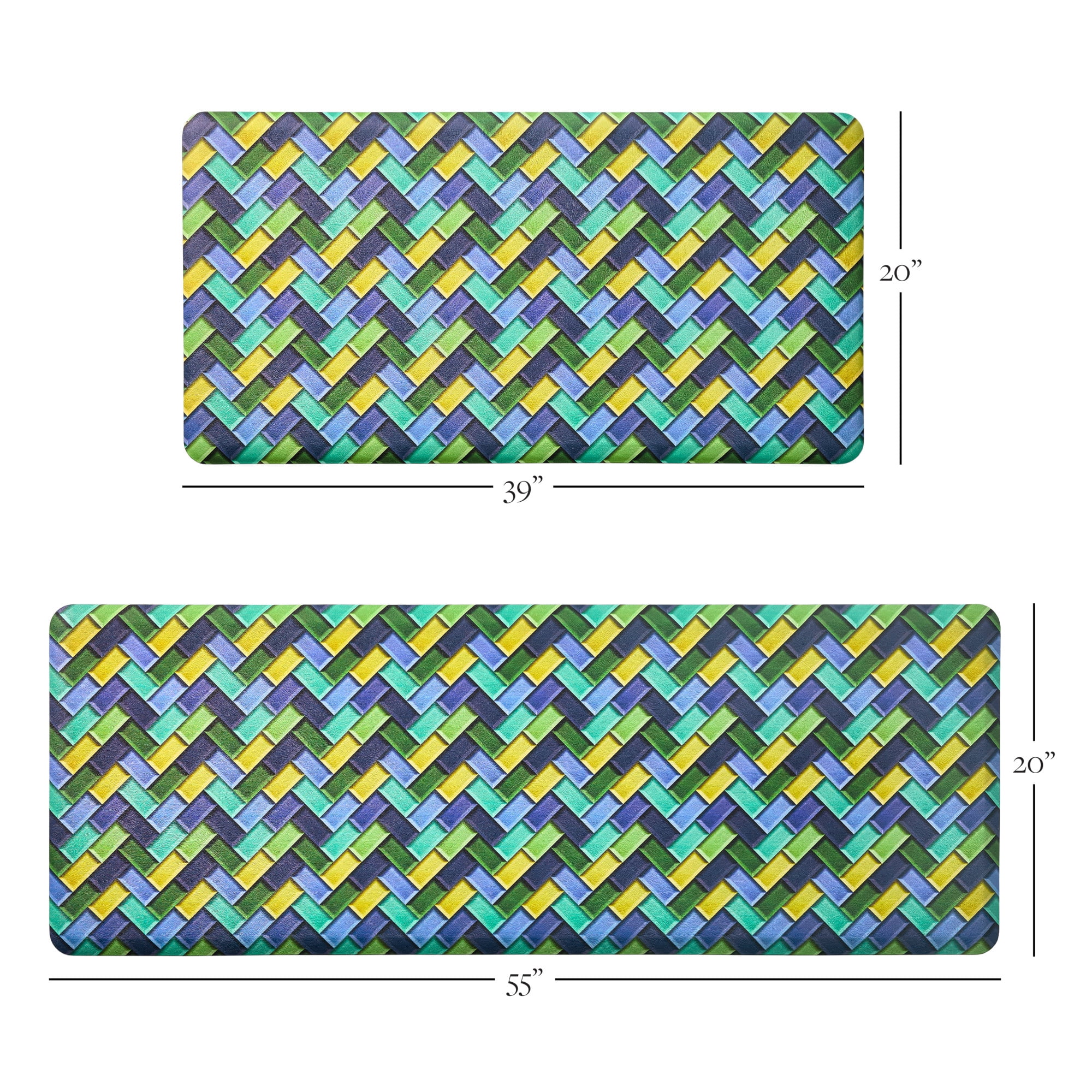 FIESTA Party Herringbone Tiles Modern Geo Anti-Fatigue Comfort Kitchen Mat, Non-Slip Floor Mat, Padded Standing Desk Mat, Blue/Green/Yellow, 20"x39"