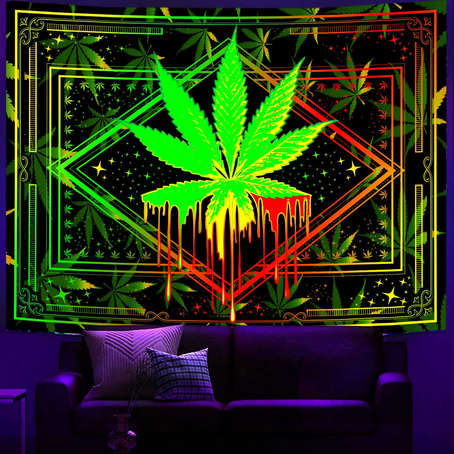 Blacklight Trippy Weed Tapestry, UV Reactive Psychedelic Marijuana Hemp