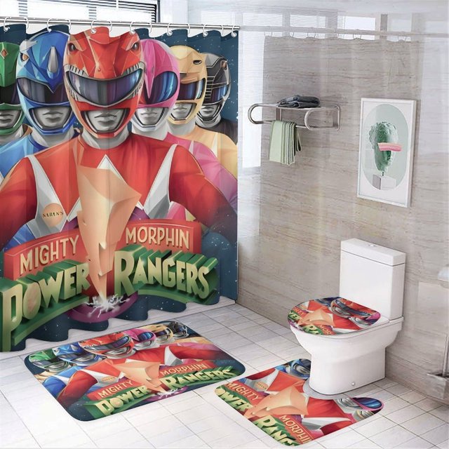 Power Rangers-theme 4-Piece Shower Curtain Set with Rugs, Waterproof Bathroom Decor Set Includes Bath Mat, U-Shaped Rug, Toilet Lid Cover and Curtain with Hooks
