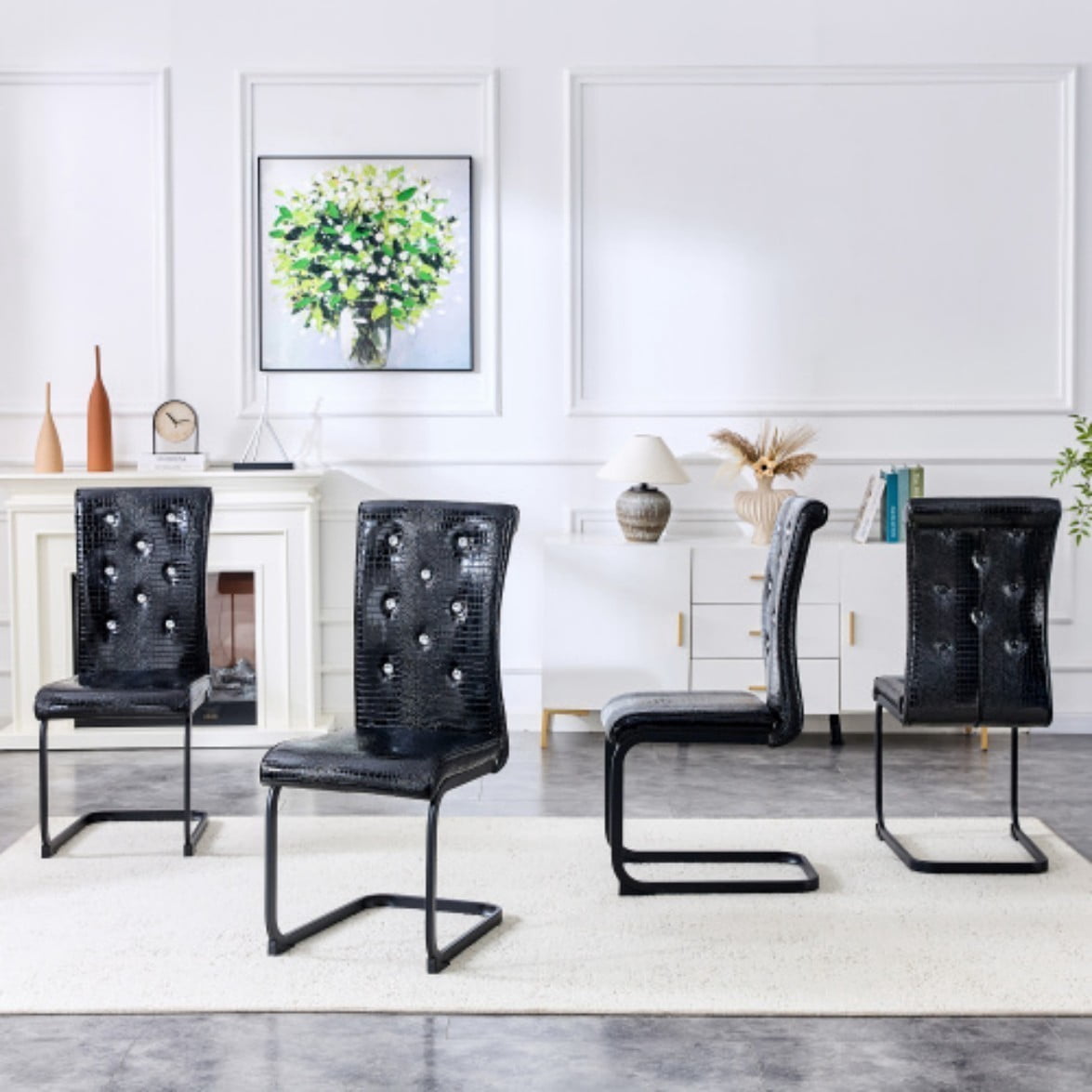 Set of 4 Retro Dining Chairs, Faux Alligator Leather Upholstered Chairs with Crystal Button Details & Metal Bow Legs, 400 LBS, Black & Black