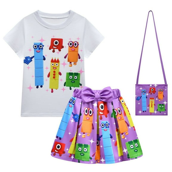 Girls Numberblock Tv Anime Cartoon Graphics Printed Costume Short Dress T-Shirt Bag 3 Pcs Outfit Summer Tutu Dance Pleated Skirt Tees Sets Casual Tops Princess Party Clothes Kids Cosplay Gifts 2-9