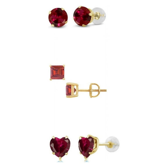 Bonjour Jewelers 18k Yellow Gold Plated 6mm Created Ruby 3 Pair Round, Square And Heart Stud Earrings