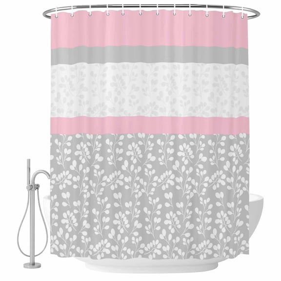 Abstract Pink Bathroom Shower Curtains with Hooks, Gray Stripes Floral Plant Modern Vintage Waterproof Fabric Washable Shower Curtain for Home Hotel Bathtub Decor 36x72 Inch