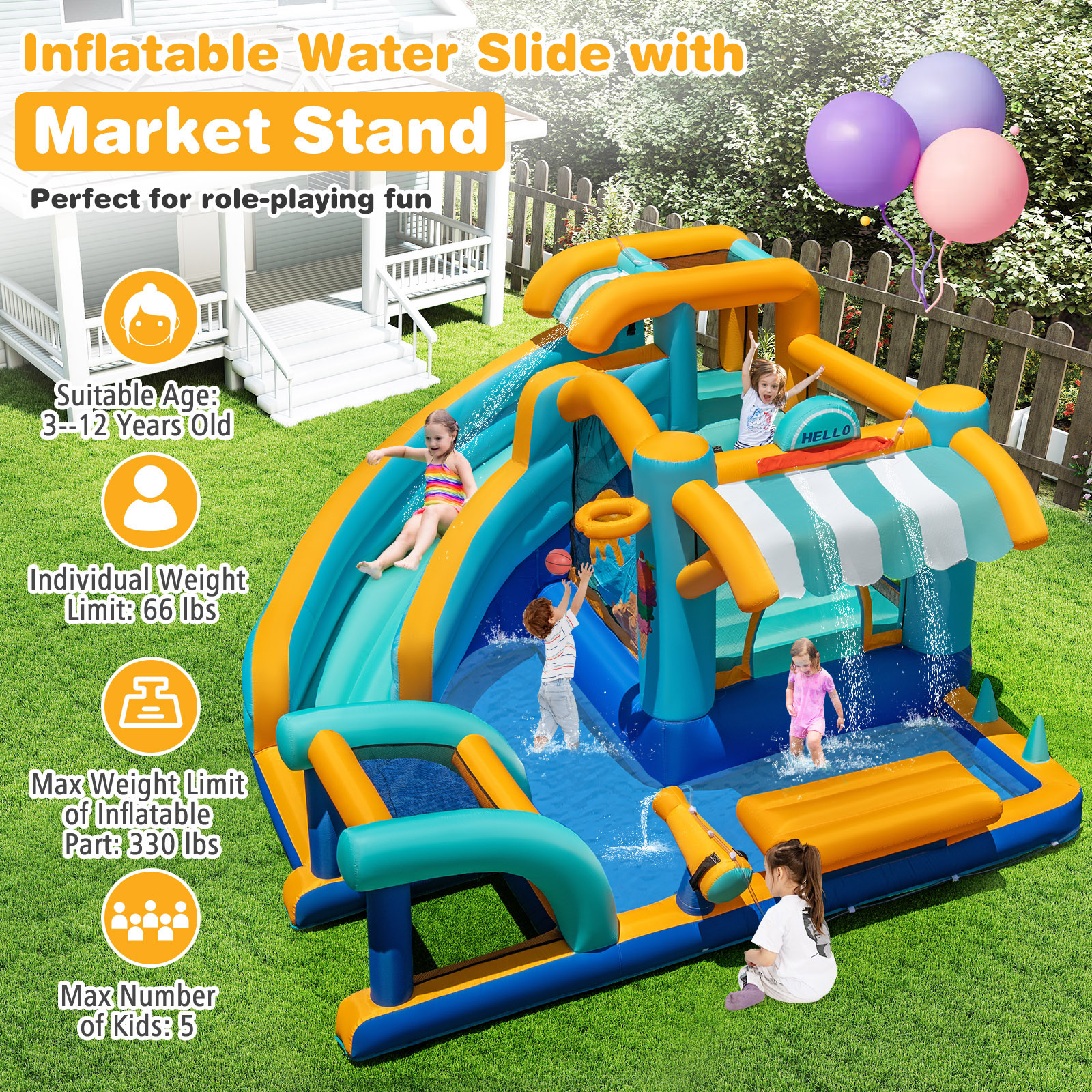 Patiojoy Inflatable Water Park with Market Stand Water Slide with Climbing Wall & 750W Blower