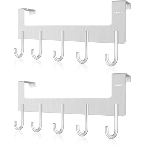 ACMETOP Over The Door Hooks, Over The Door Hanger, Heavy Duty Aluminum Over The Door Towel Rack Hooks for Hanging Coat, Bag, Robe - 5 Hooks, Brush Finish