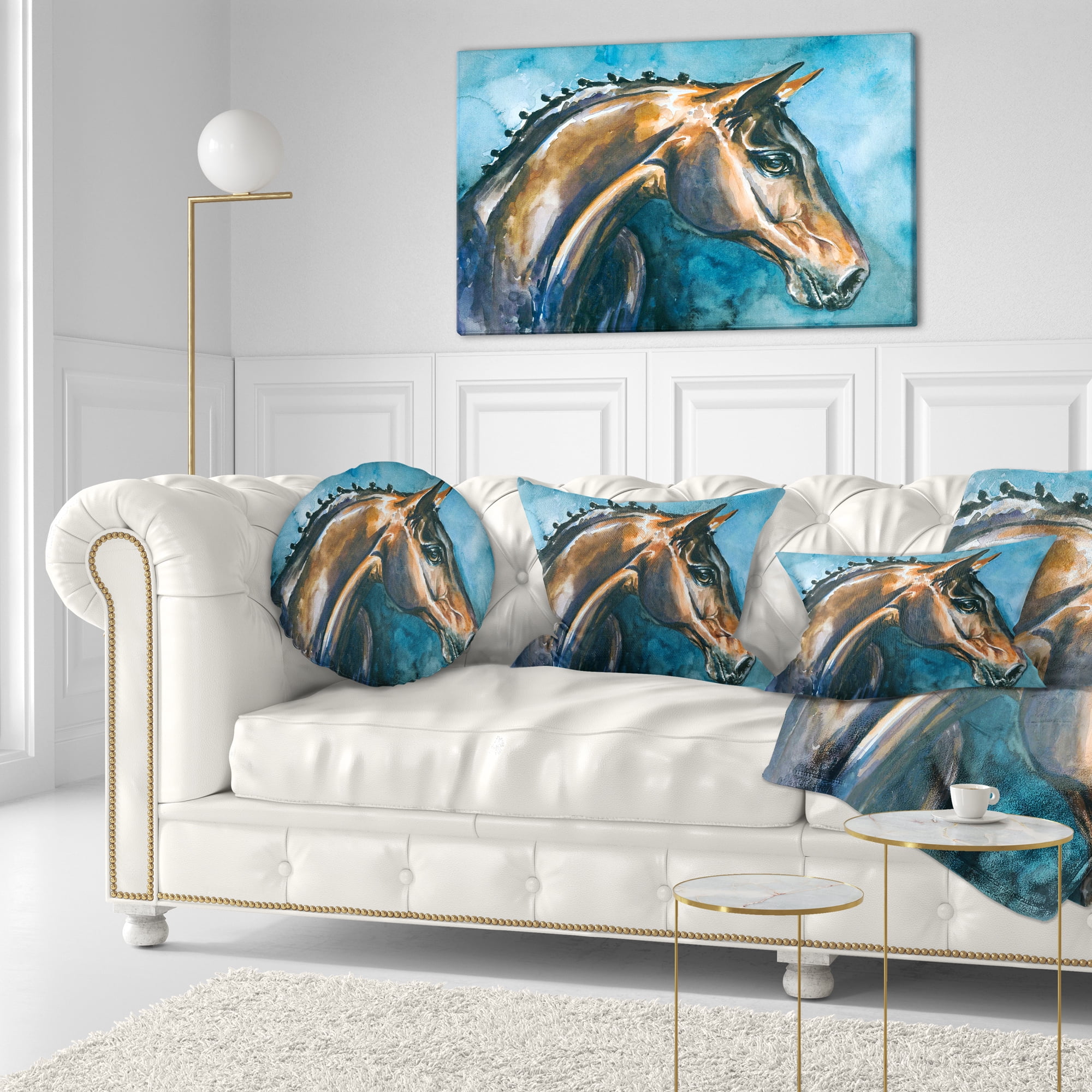 Designart Brown Horse on Blue Watercolor - Abstract Throw Pillow - 12x20