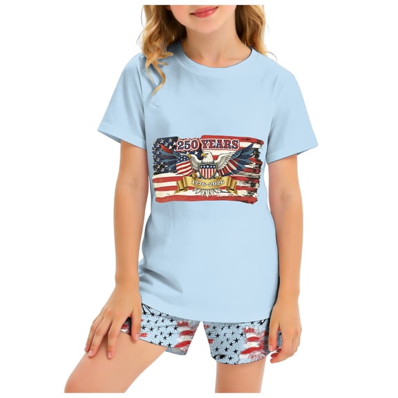 Karoyedx Kids 4th of July Outfit Toddler Girl Outfit 250th Independence Day Celebration USA Stars Stripes Short Set Summer Vacation Clothes Sky Blue Size,7-8 Years