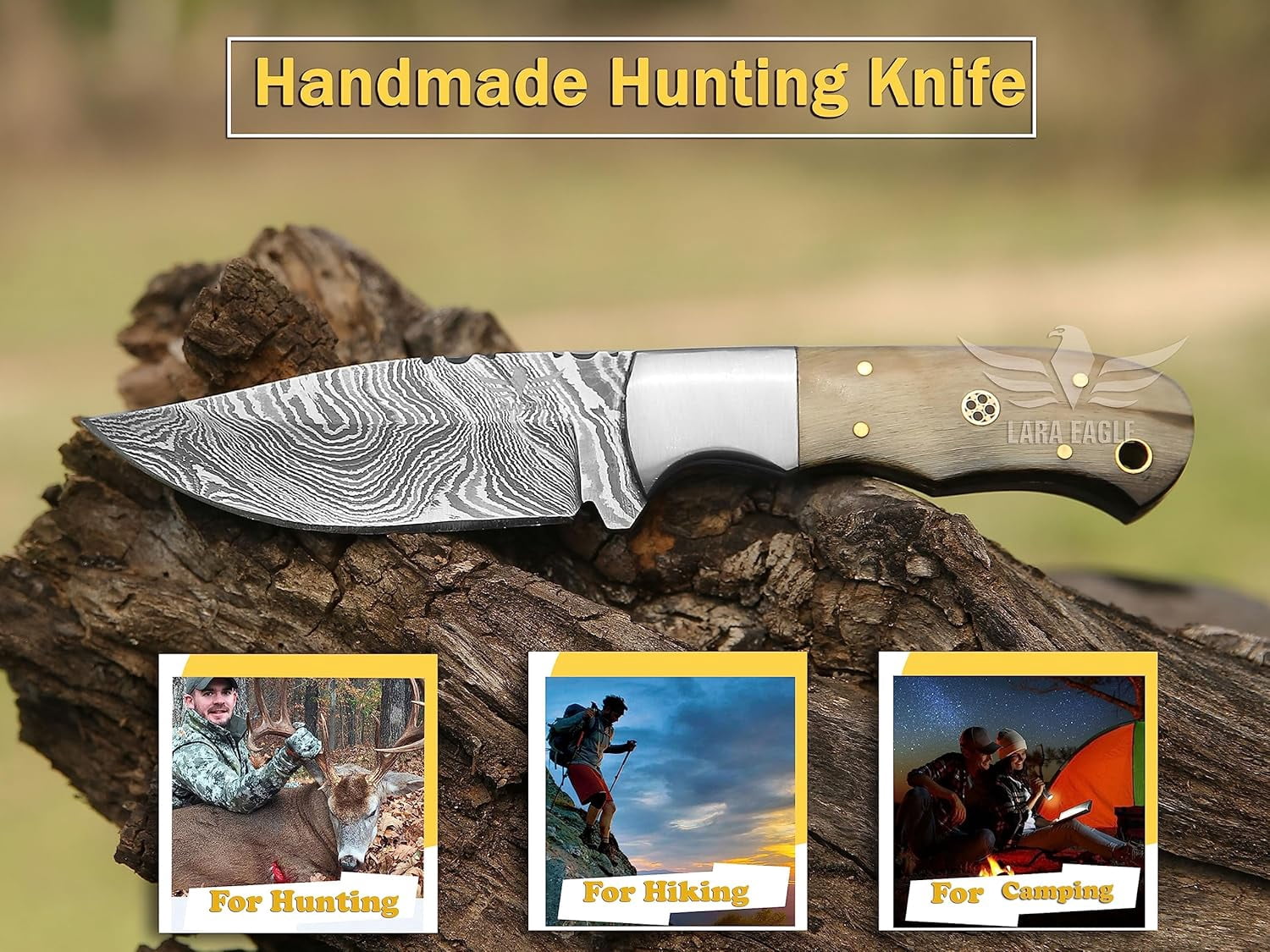 Lara Eagle Damascus Hunting Knife - Fixed Blade Handmade Skinner with Sheath - 7.5 inch Survival Knife Great for Camping - Camel bone Handle with mosaic pin