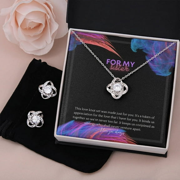 For My Sister Necklace Love Knot Earring & Necklace Set, Love Knot Gift, Cubic Zirconia Crystal Necklace, Necklace and Earring Set