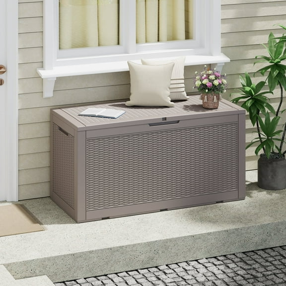 LHBCraft 100 Gallon Deck Box Lockable Resin Outdoor Storage Box Waterproof Outdoor Container for Patio Furniture Cushions, Pillow