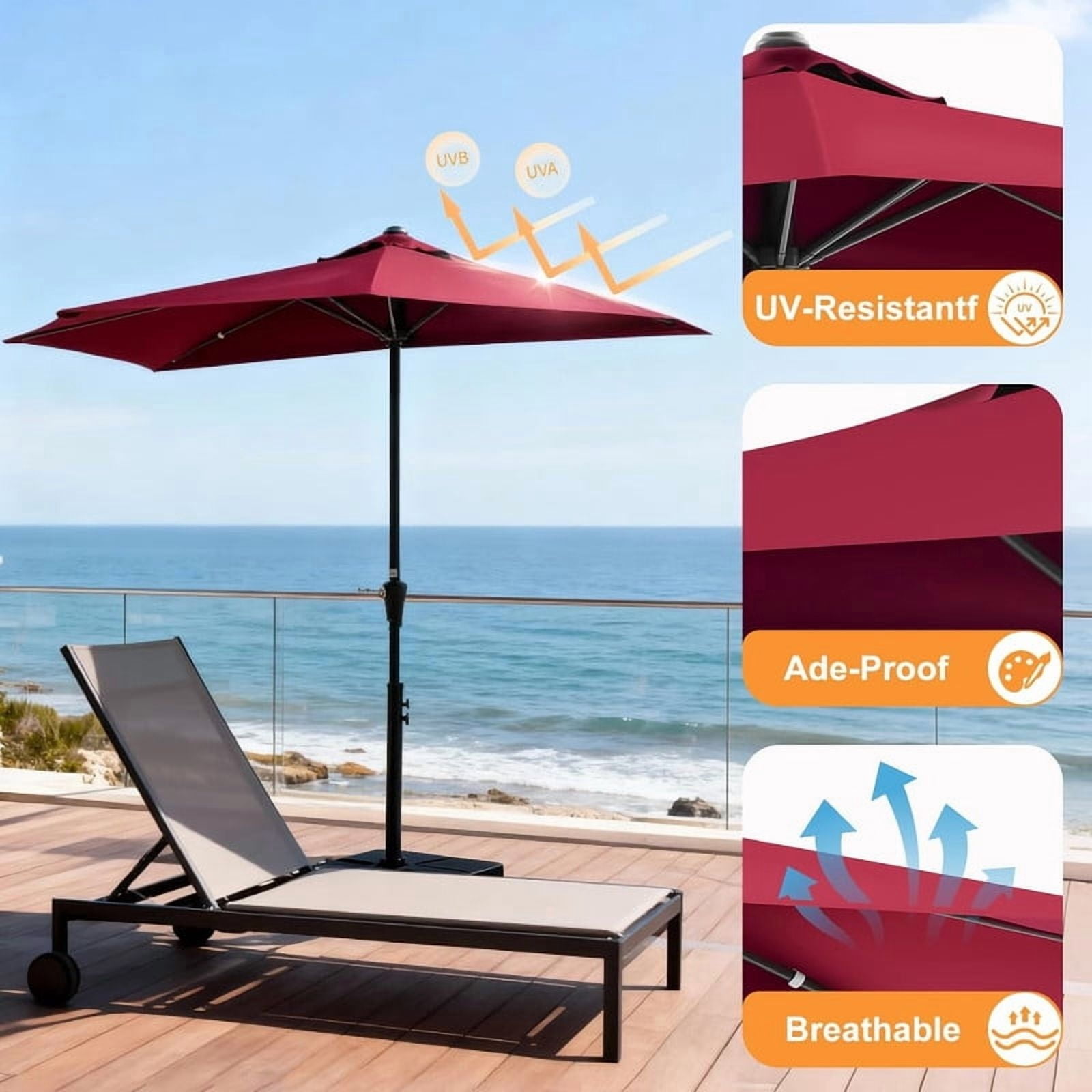 Simenmax 9 FT Half Umbrella Outdoor Patio, Scalloped Half Umbrella with Crank, Space-Saving Design for Poolside, Terrace,Red