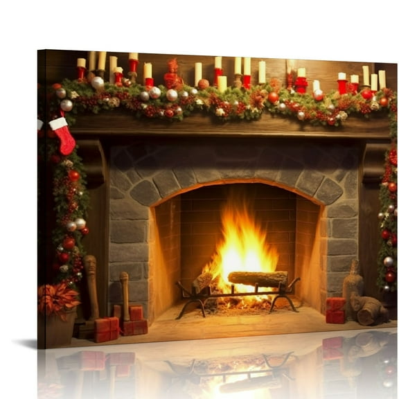 Pratyus Fireplace Christmas Decorations Winter Canvas Print on Canvas Ready to Hang for Home Art Decor 16x12in
