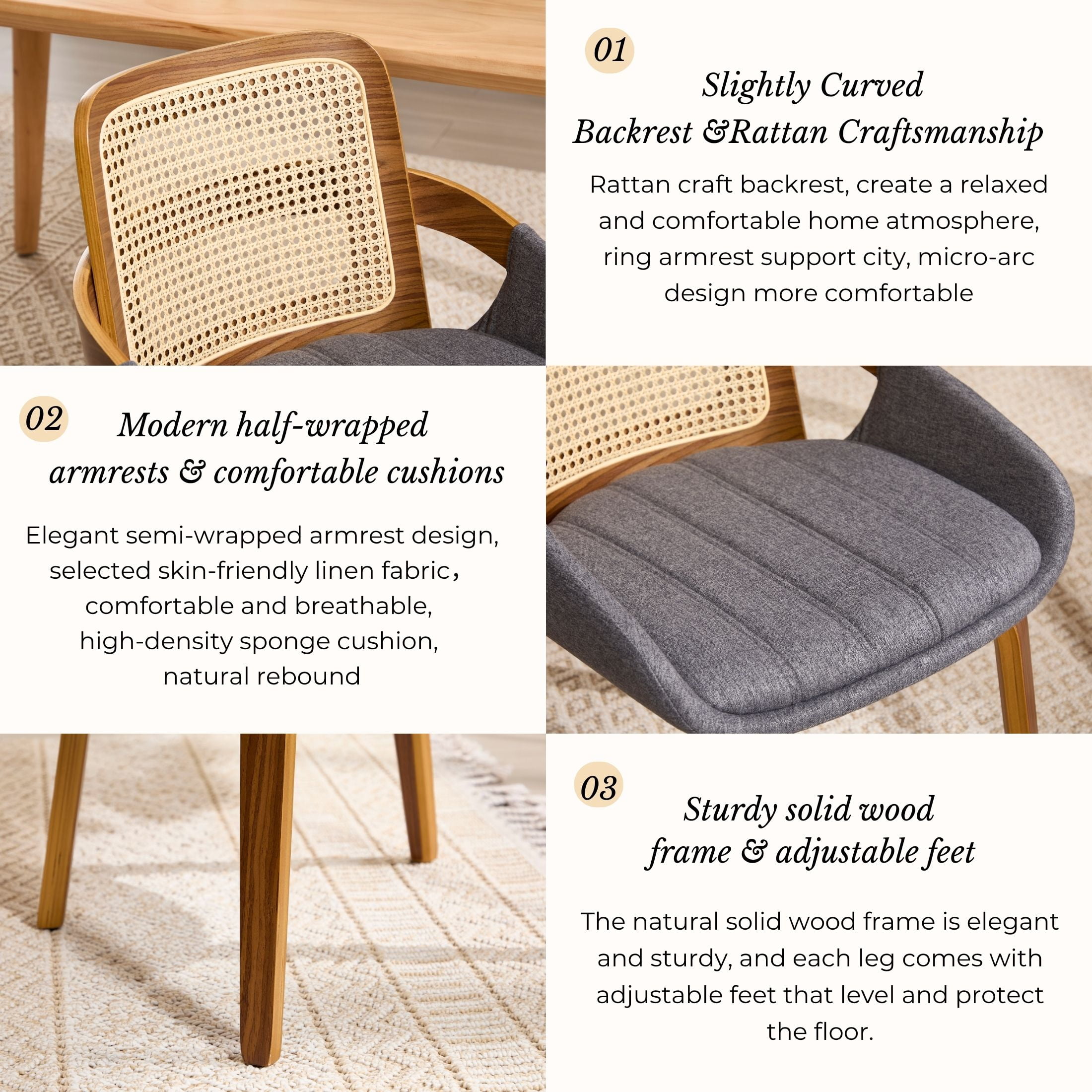 Guyou Modern Rattan Dining Chair Set of 2, Solid Wood Dining Side Chairs, Linen Upholstered Kitchen Chairs with Armrests for Kitchen Dining Room Living Room, Grey