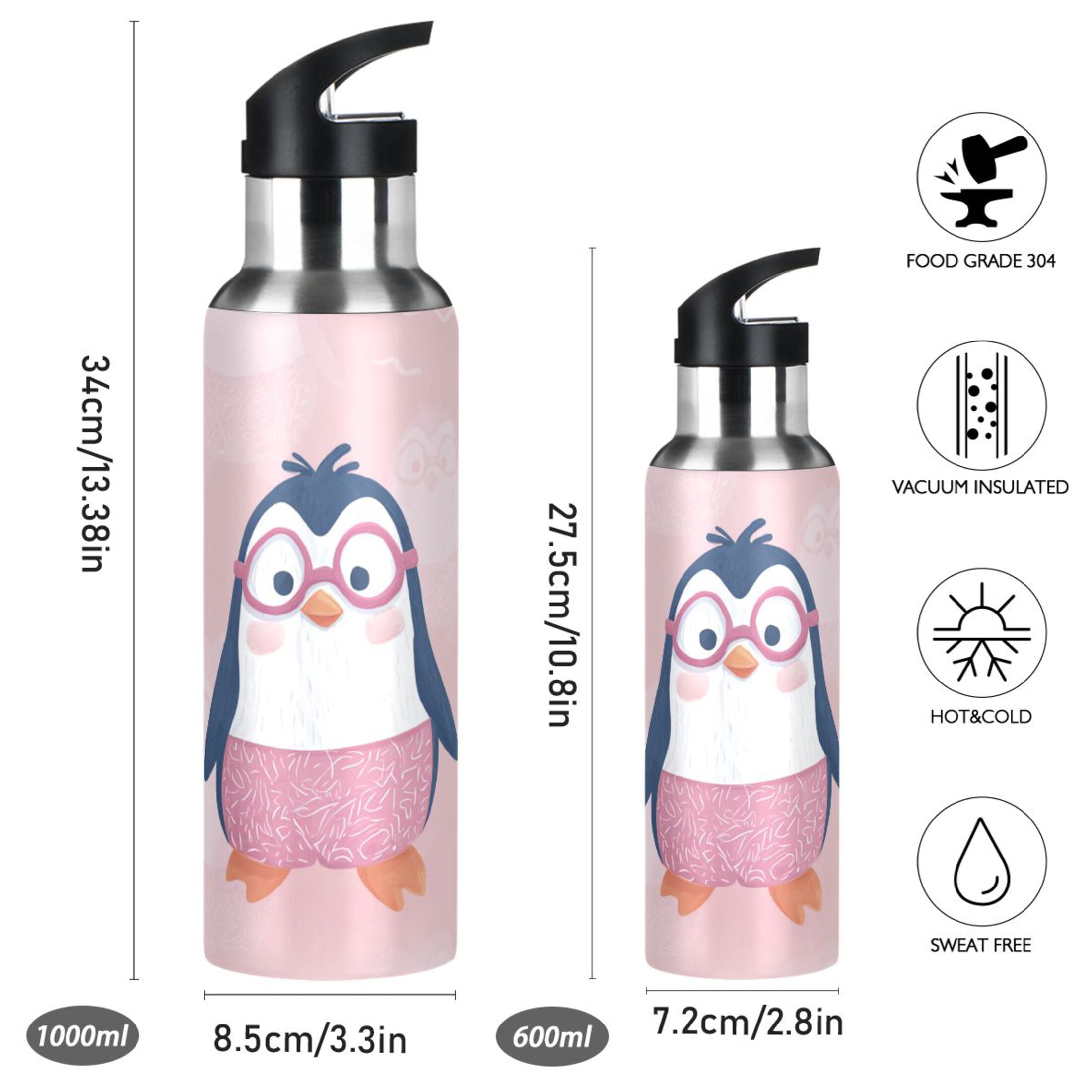 Cute Penguins in Pink Glasses Sports Bottle with Straw Stainless Steel Water Jug Portable Thermal Cup Leak-proof 1000ML