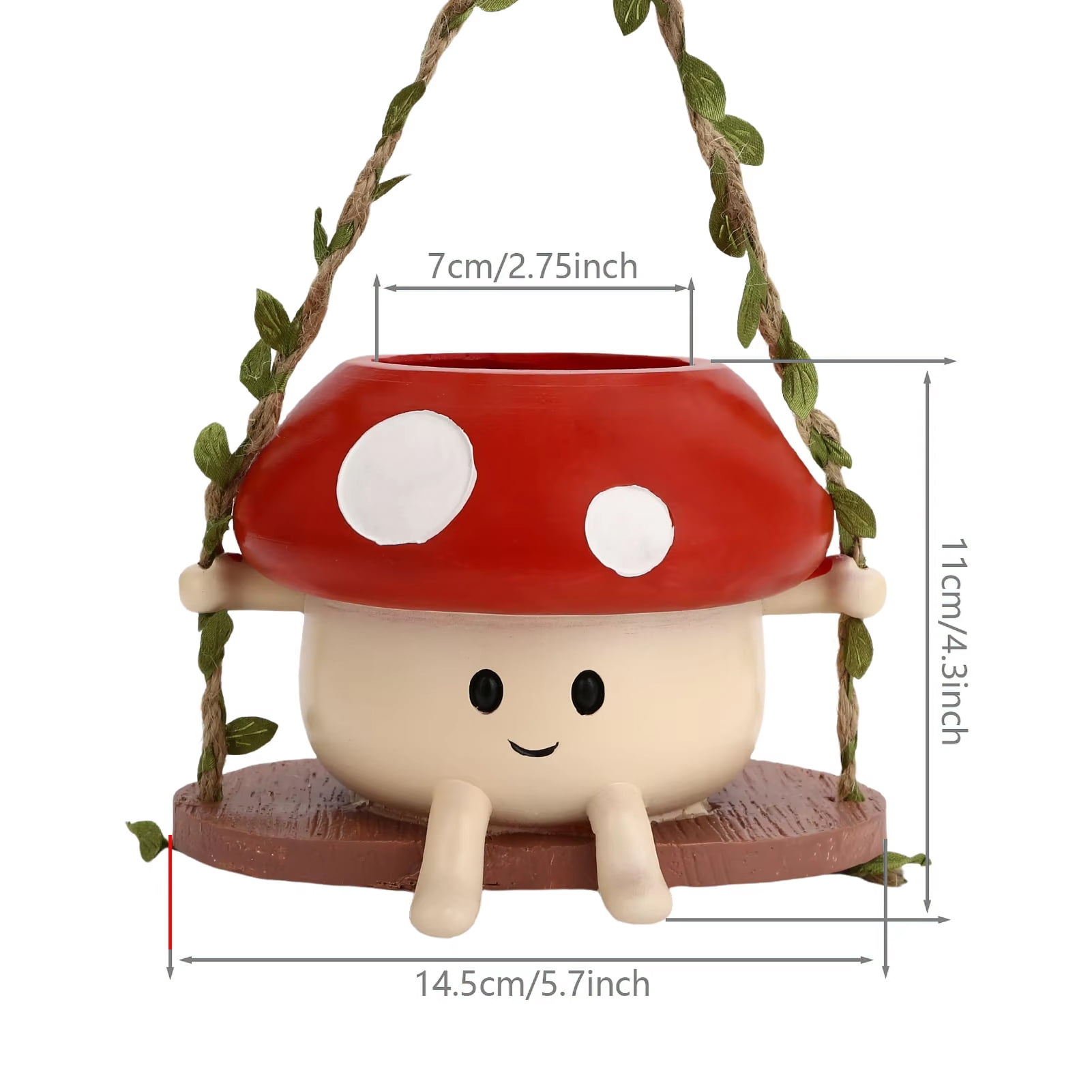 Opvise Low-Maintenance Cartoon Face Mushroom Swing Hanging Planter Pot with Wooden Holder, Lightweight Resin Ceramic Flower Pot for Indoor Outdoor Plants, Decorative Garden Decor