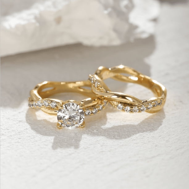 2pcs Elegant 18K Gold Plated White Zircon Finger Ring Set for Women - Perfect for Engagement, Wedding, Party, and Holiday Gift