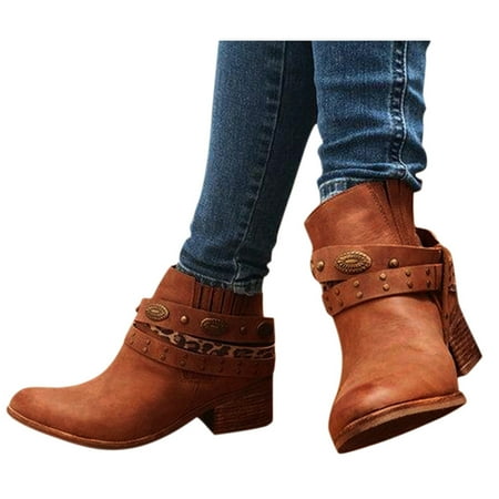 

Cathalem Wide Boots for Women Flat Up Squared Round Zip Boots Women s Winter Heel Vintage Toe Fashion Boots for Women Heel Brown 7
