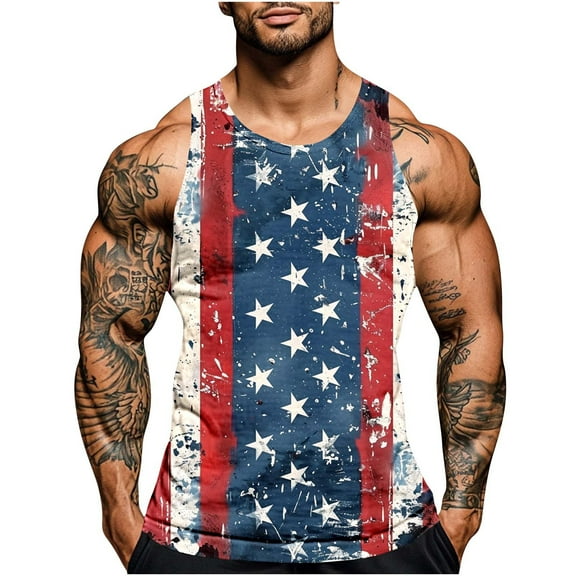 GERsome Men's American Flag Tank Tops 4th of July Sleeveless Crew Neck Patriotic T Shirts Summer Loose Fit Gym Workout Muscle Tee S-4XL