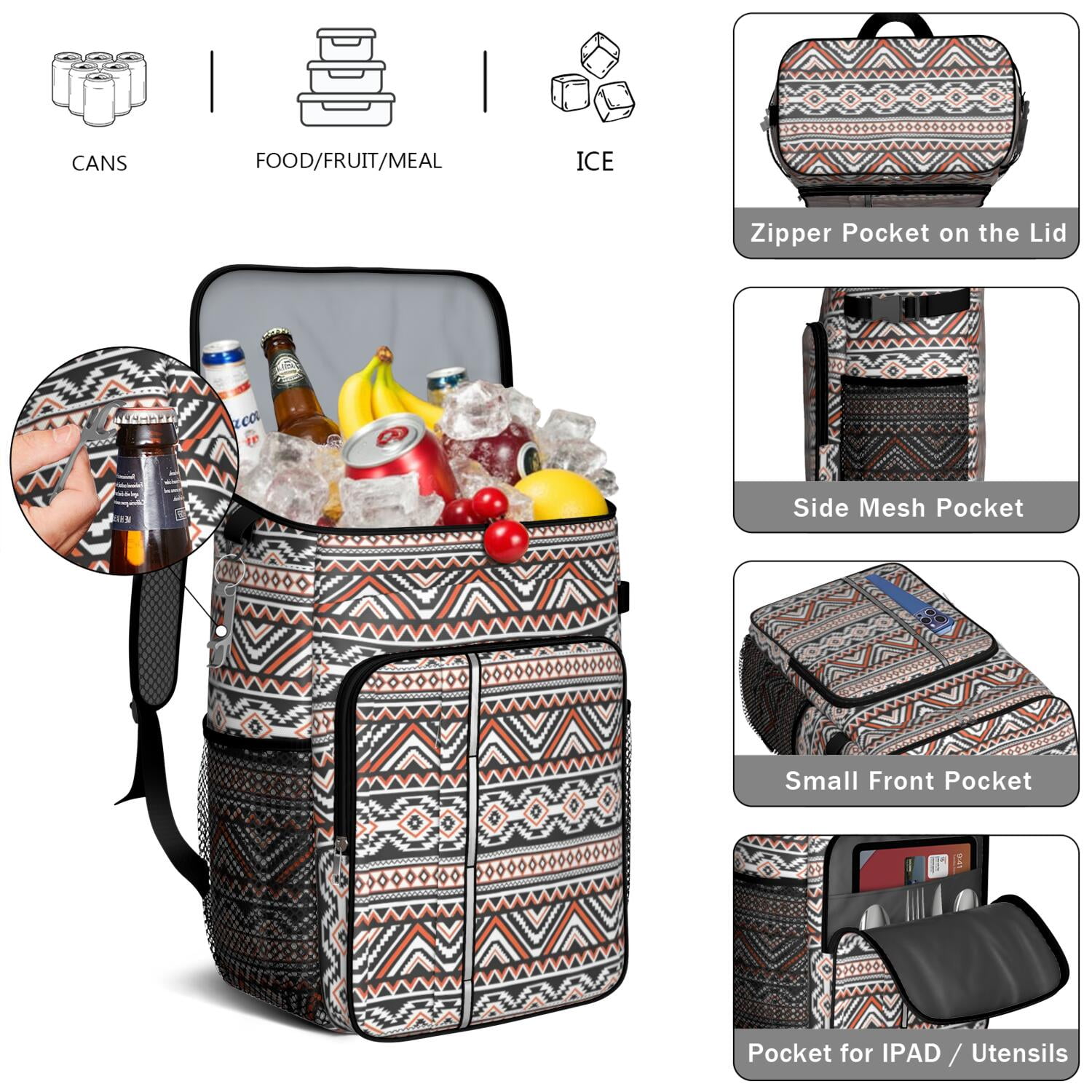 Travel Cooler Bag - Boho Bohemia Pioneer Flower Geometric Line Art Camping Beer Cooler Backpack with Bottle Opener- Waterproof Insulated Picnic Backpacks - Cooler Bag for Beach