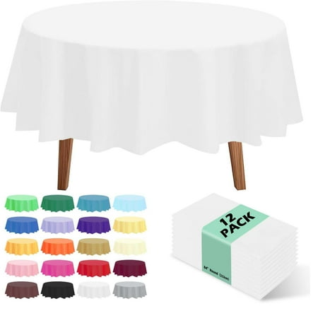 12 Pack Premium Disposable Plastic Tablecloth 84 Round Table Cover for Birthdays Weddings Christmas Anniversary Buffet Table White