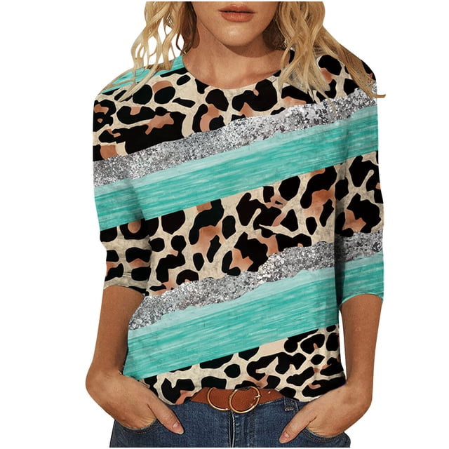 Pompotops T-shirt Ample à Imprimé Léopard pour Femme, Manches 3/4, Col Rond, Haut Décontracté, Liquidation
