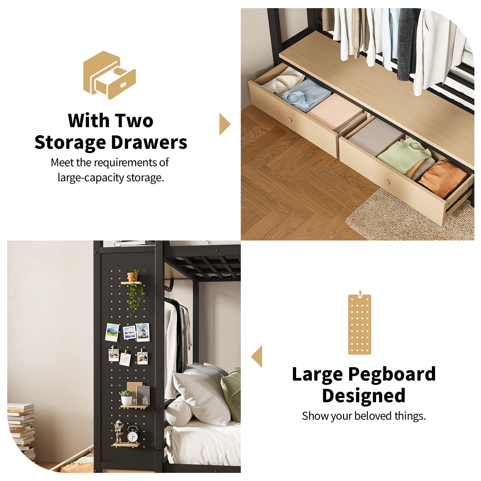 Mintazer Queen Over Queen Metal Bunk Bed with Pegboard and 2 Storage Drawers & 2 Wardrobe Shelves, Heavy Duty Platform Bed with Safety Guard Rails for Bedroom Dorm, Black