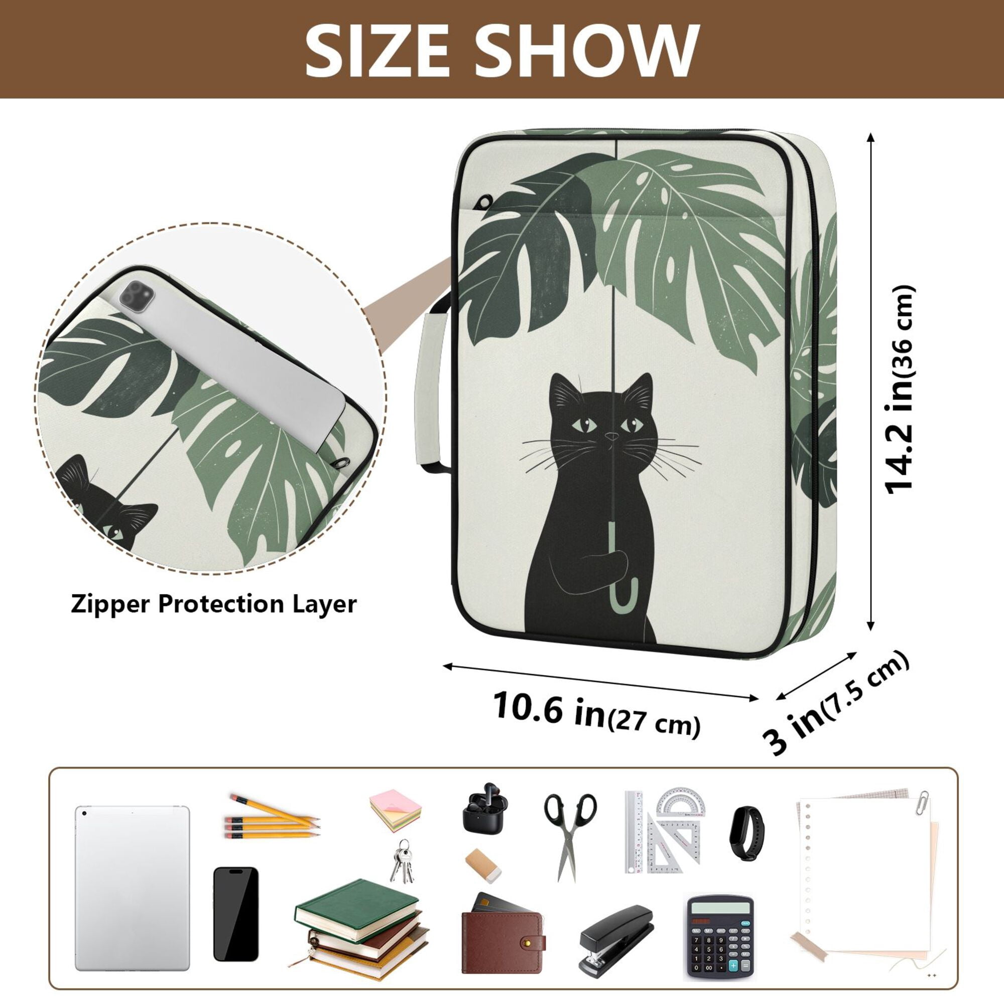FORMRS Accordion File Folder A4 Size 7-Pocket Expanding Document Organizer Bag with 3 Ring Binder, Black Cat Umbrella