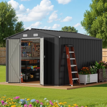 Asofer 10'x10' Outdoor Storage Metal Shed with Sloping Roof and Double Lockable Door, Large Storage Garden Shed for Patio,Brown