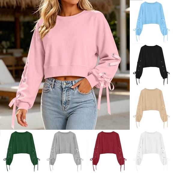 Jsaierl Cropped Sweatshirts for Women Basic Solid Color Round Neck Sweatshirt Trendy Sweater Tie Long Sleeve Shirts Fall Clothes S-2XL