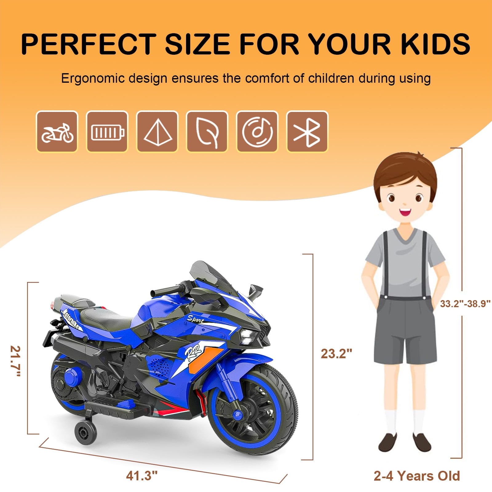 Clearance 12V Kids Ride On Motorcycle with Bluetooth, Light, MP3, Battery Powered Motorcycle for 3-6 Years Boys Girls