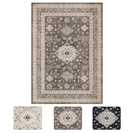 Vintage Floral Runner Rug, Washable Non-Slip Low Pile Mat for Hallway Entryway Kitchen Bedroom Laundry Beige 8X10ft
