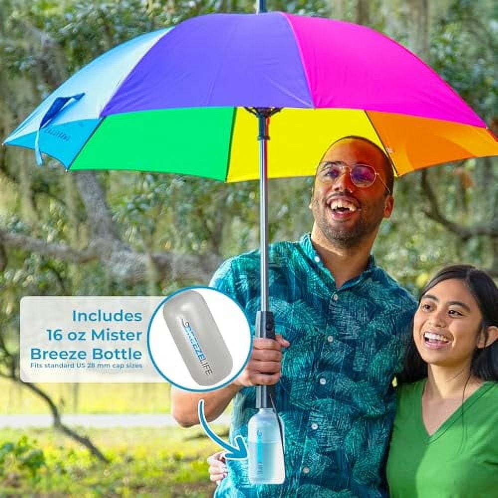 Breeze Life Mister Breeze – UV Sun Umbrella with Built-In Fan & Mister – Blocks 99.9% UVA/UVB Rays – Portable, Battery Powered Cooling Shade for Beach, Festivals, Outdoor Sports – Black & Gold
