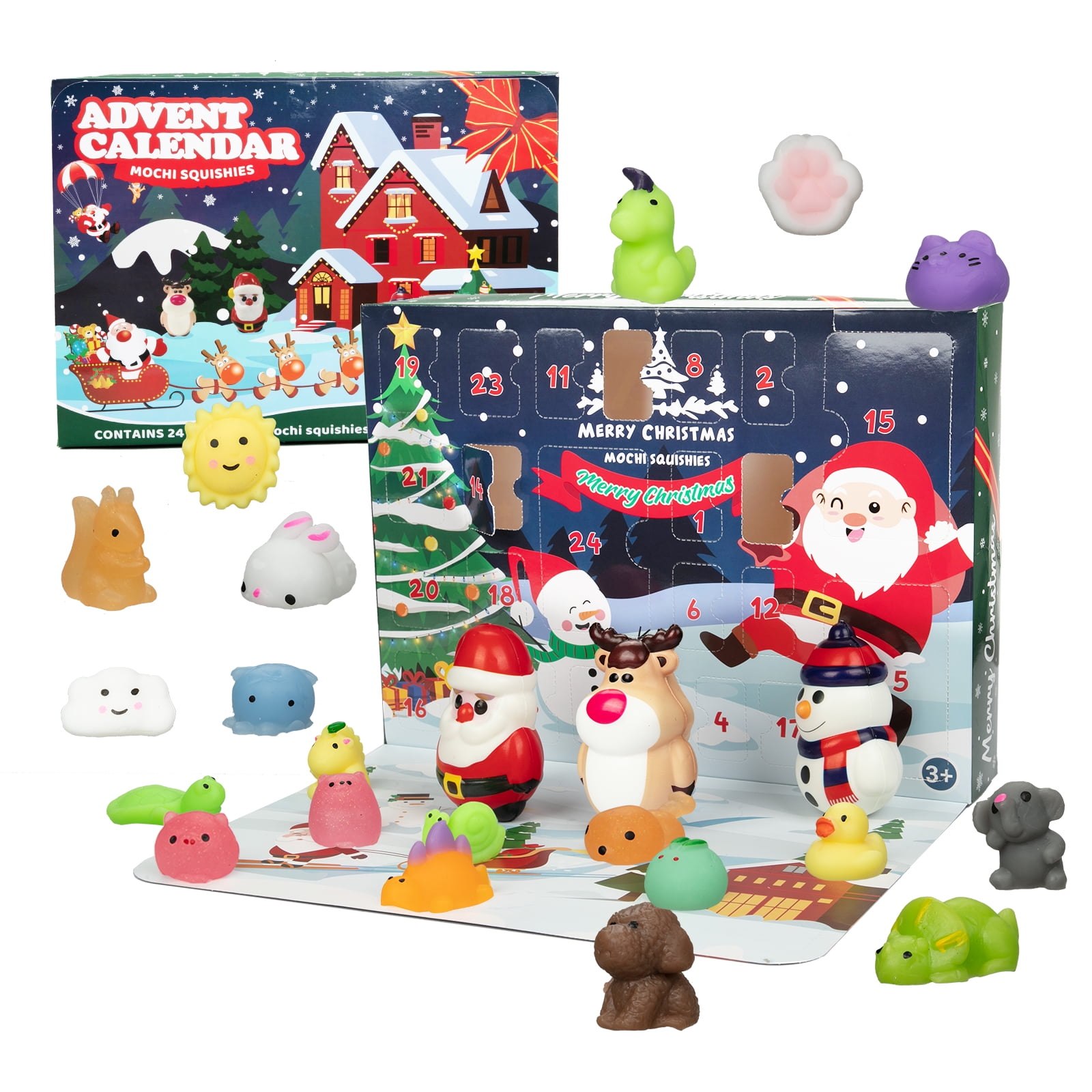 SAINSPEED Christmas Advent Calendar for Kids, 24 Days Countdown Calendar with 21 Mochi Animal Squishies and 3 Big Slow-Rising Squishy Toy, Christmas Party Gifts for Boys Girls (24pcs)