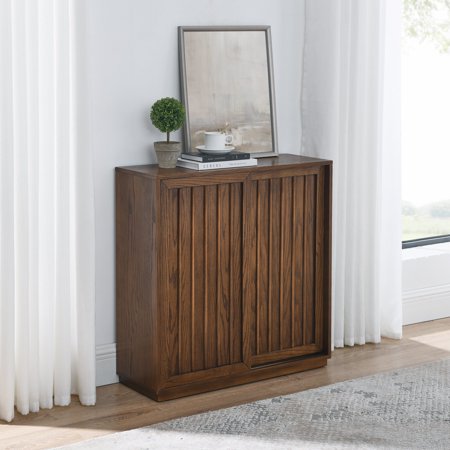 DUOSONG Mid Century Sideboard With 2 Sliding Door & Solid Wood Decorative Strips Storage Cabinet For Living Room Kitchen Dining Entryway Hallway Walnut MDF Primary Living Space Cabinets