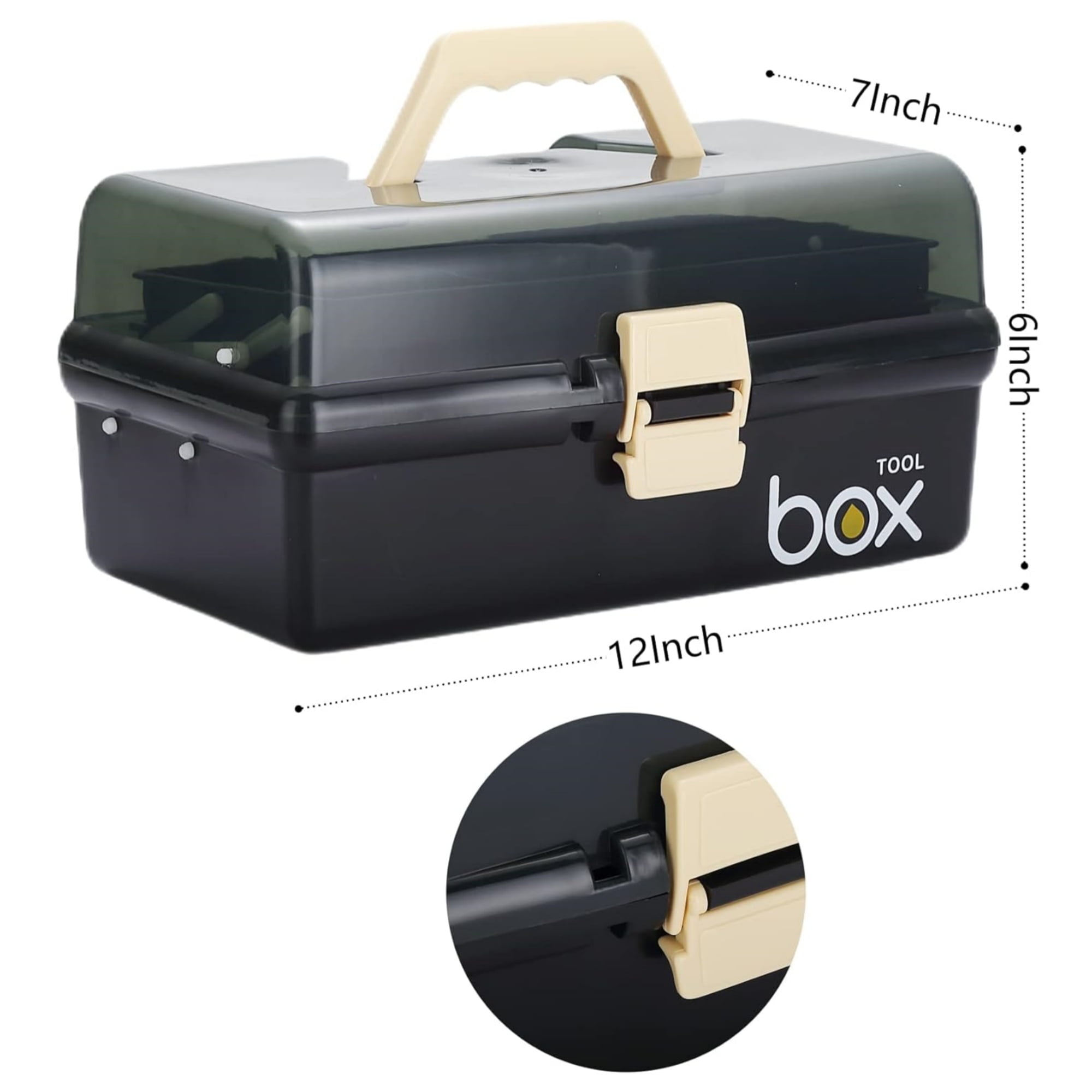 Kinsorcai 2PCS 12'' Three-Layer Clear Plastic Storage Box/Tool Box, Multipurpose Organizer and Portable Handled Storage Case for Art Craft and Cosmetic (Black)