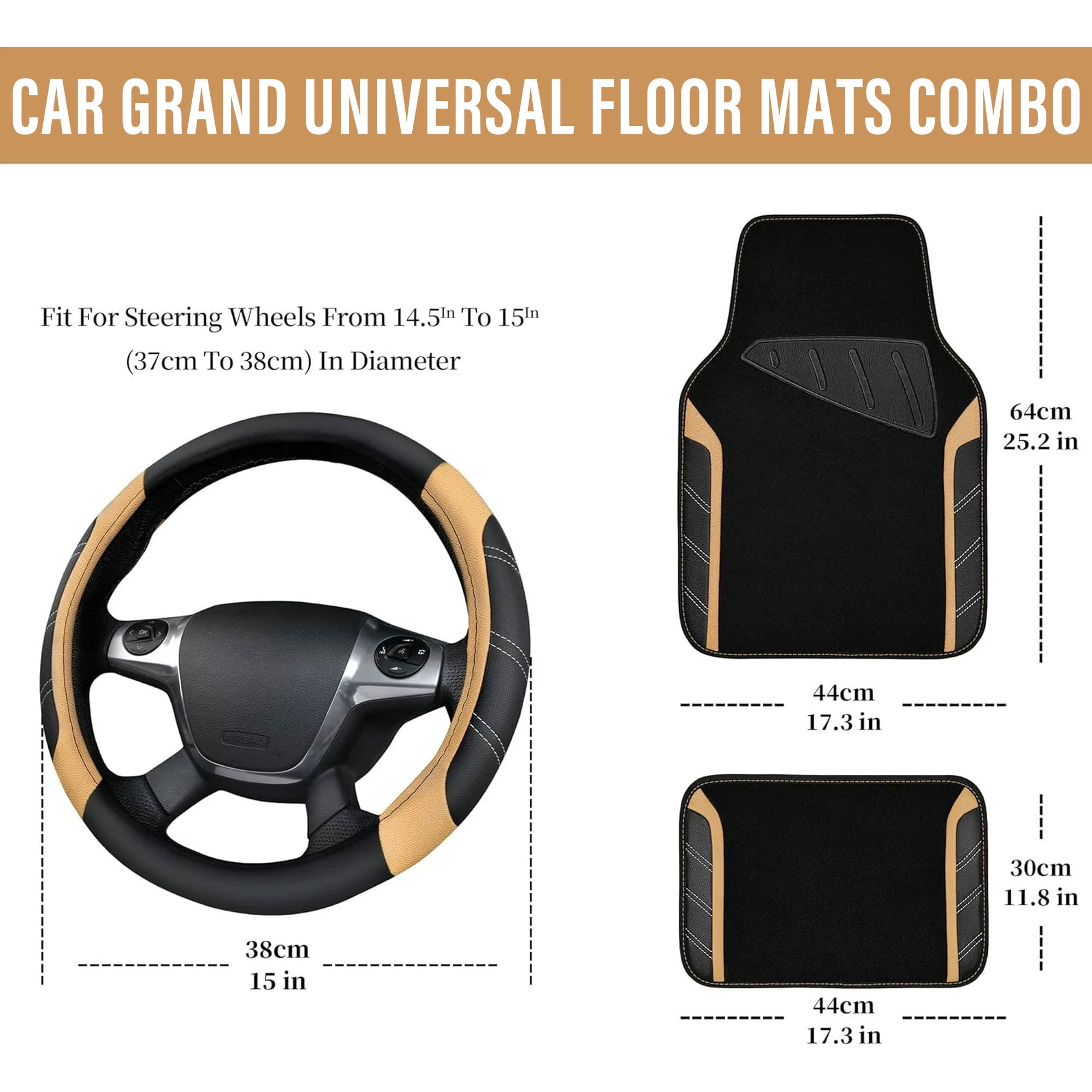 CAR GRAND Microfiber Steering Wheel Cover and Waterproof Car Floor Mats,Leather Universal Car Combo Fit for 95% Truck,SUV,Cars,14.5-15inch Sporty Anti-Slip Safety Comfortable Design(Black and Beige)