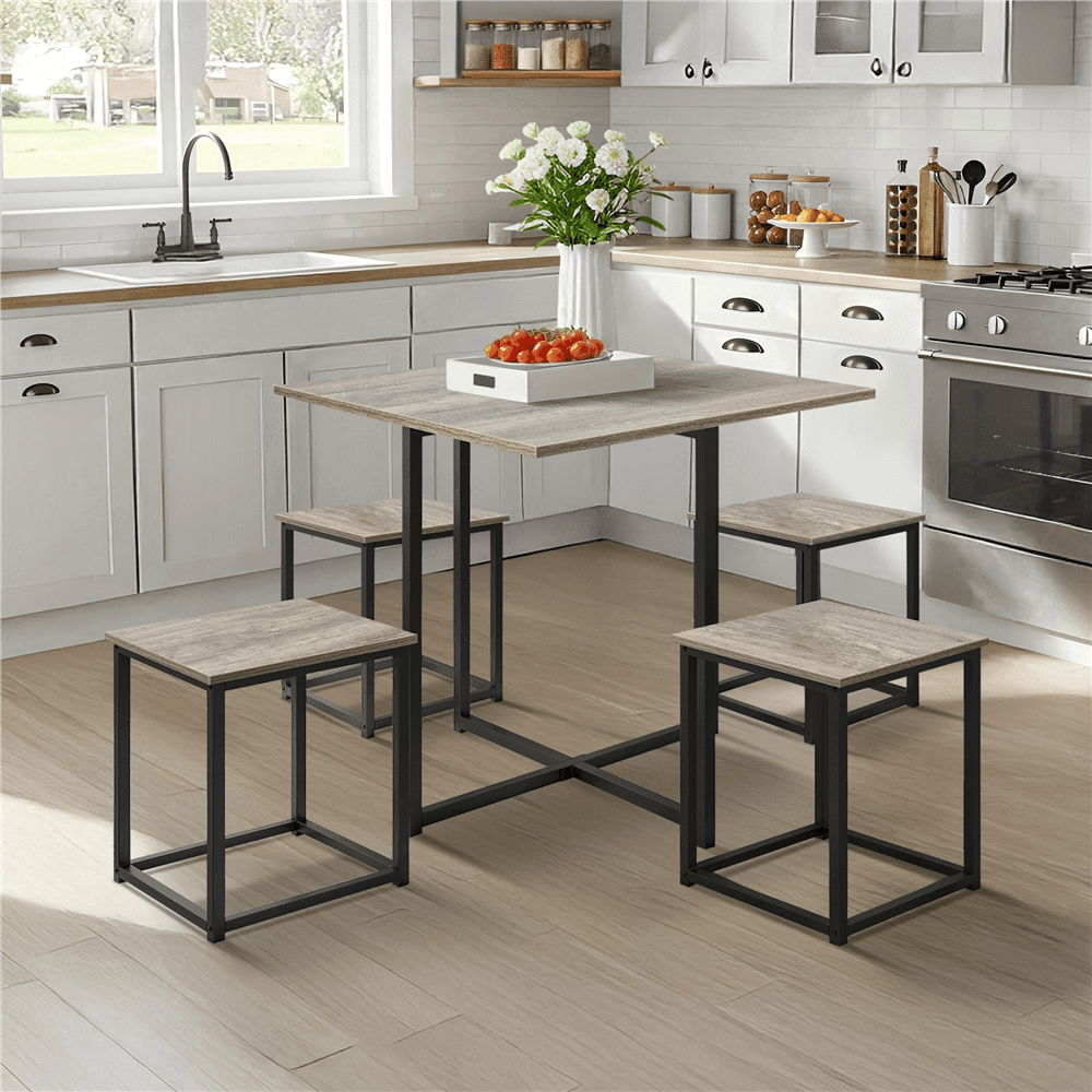 Renwick 5-Piece Dining Set with Industrial Square Table and 4 Backless Chairs, Gray