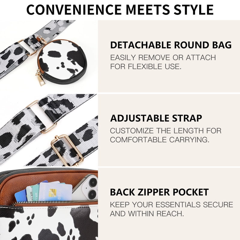 FALAN MULE Women's Leather Crossbody Bag, Cow Print Cell Phone Purse, Triple Zip Pocket, Adjustable Shoulder Strap