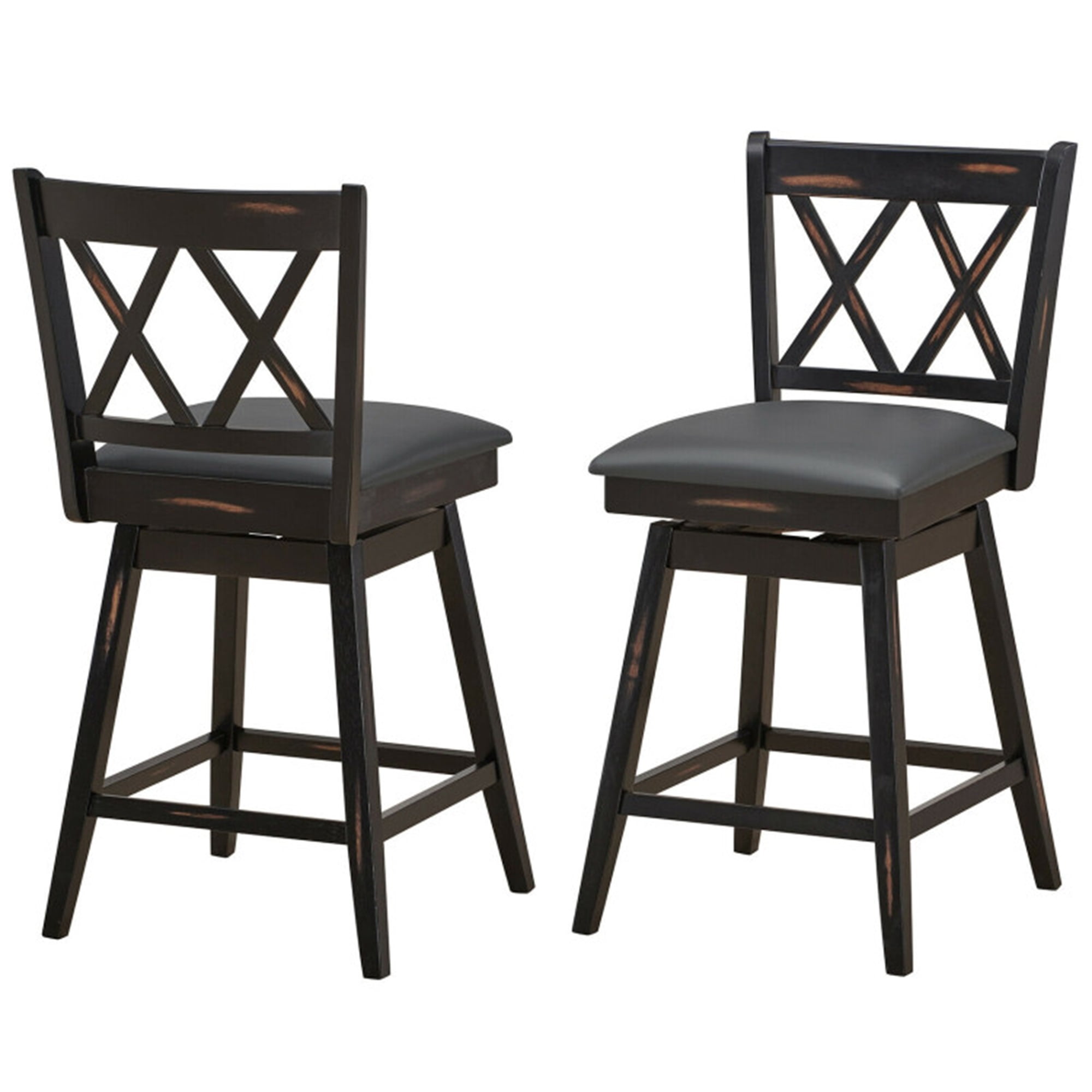 Demi Bonn 2 Pieces Swivel Counter Height Barstool Set with Rubber Wood Legs, 25" Modern Dining Chair with Backrests, Black