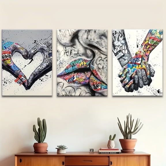 3pcs Graffiti Art Canvas Prints - Tattooed Hands & Abstract Faces, Vibrant Street Art Design for Living Room, Bedroom, or Office Decor, Perfect for Mother's Day, Easter, and Valentine's Gifts,