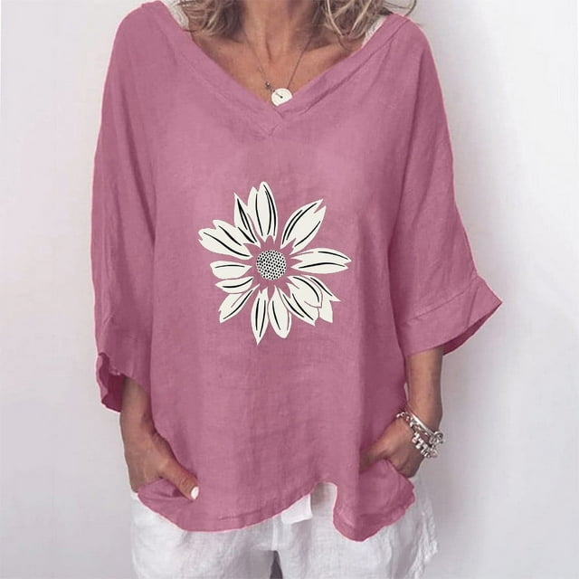 Hauts d'Été Mignons Mode Femme T-shirt Imprimé Coton Chanvre Manches 3/4 Blouse Col Rond Hauts Décontractés Dames Manches 3/4 Hauts et Blouses en Solde