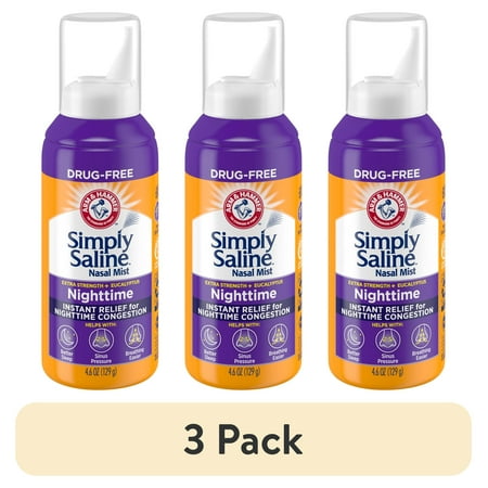 (3 pack) Arm & Hammer Simply Saline Nasal Mist Extra Strength, Nighttime Formula with Eucalyptus, 4.6OZ