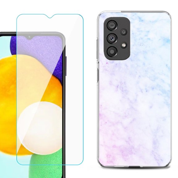 Slim-Fit Gel TPU Phone Case for Samsung Galaxy A23 5G, with Tempered Glass Screen Protector, by OneToughShield ® - Marble Pink/Blue