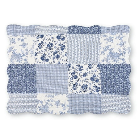 Floral Scallop - Willow Floral Check Patchwork Bed Pillow Sham with Scalloped Edges, Sham, Blue