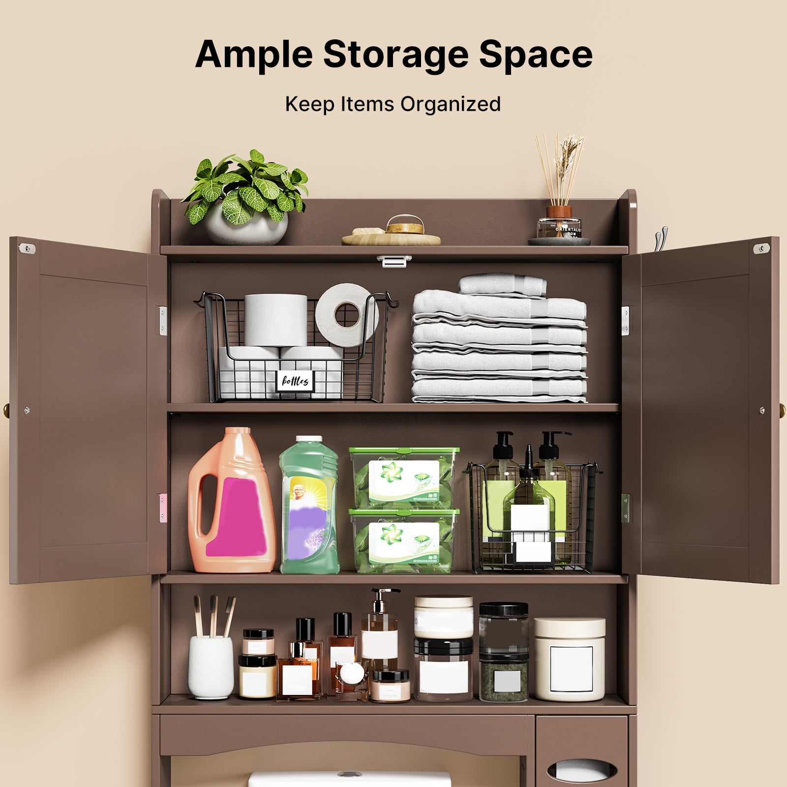 Noelse  Over the Toilet Storage Cabinet, Over Toilet Bathroom Organizer with 2 Doors, Adjustable Shelves, Toilet Paper Holder, 2 Side Hooks, Space-Saver for Bathroom, Laundry, Brown